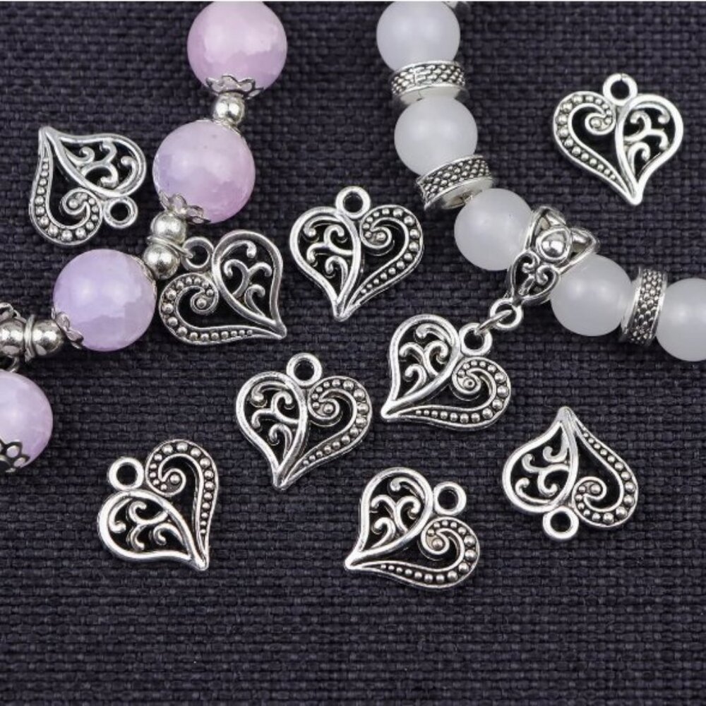 Hollow Heart Charm Pendants, Zinc Alloy Love Ornaments 10 Beads.